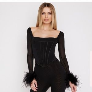 House of CB Stella Black Mesh Feather Trimmed Corset in size XS